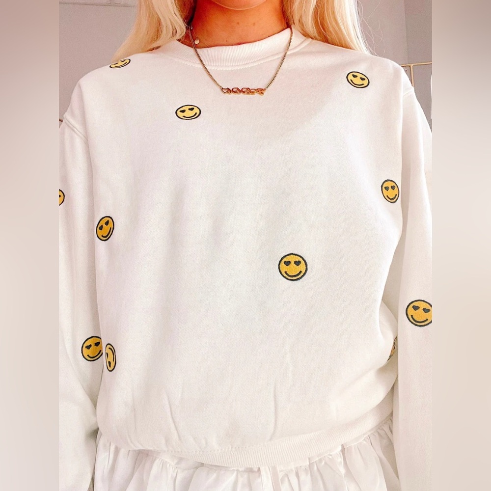 Festival wear- Reflex White Sweater with Yellow Smiley Faces size large